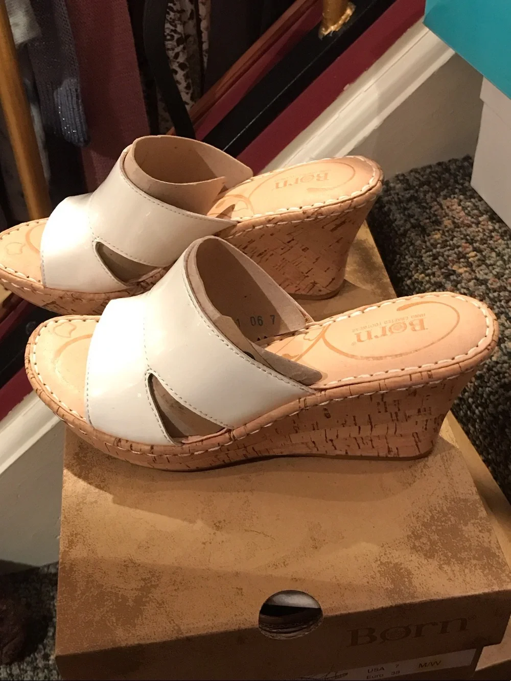 Born White Patent Leather Slide Sandals with Woven Wedge